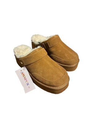 Joyspun Brown Suede Convertible Clogs With Faux Fur Lining